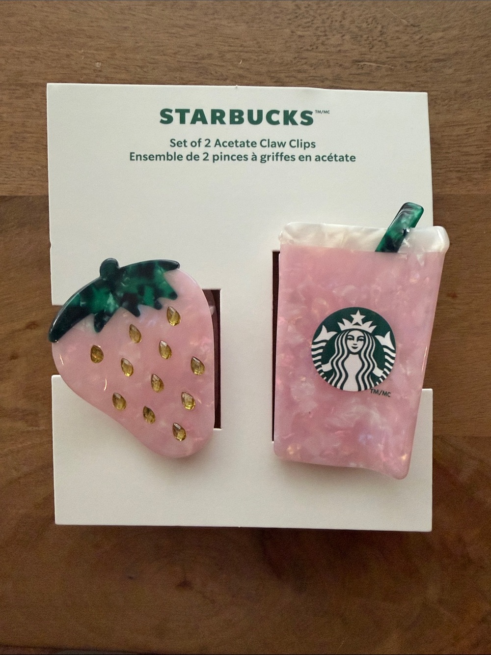 Starbucks Pink Strawberry & Cup Acetate Hair Clip Duo with Green Accents